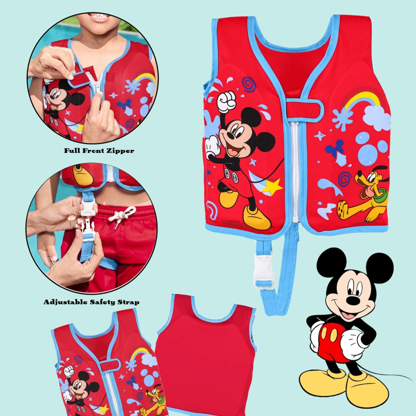 Baby Swimming Float Swim Vest - Learn to Swim Mickey & Friends Kids Swim Vest with Built-In Foam Wetsuit with Topline Card for Water Park, Beach Games. Swimming Pool Float Suitable for 1-3 Years