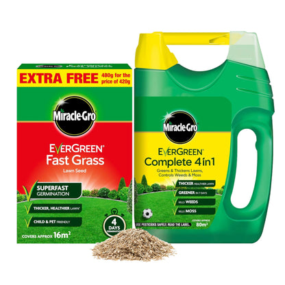 Fast Growing Grass Seed Bundle - Miracle GRO Child & Pet Friendly Fast Grass Lawn Seed 480g 16m2 & Complete 4in1 Lawn Food Spreader 2.8kg 80m2 Spring Lawn Feed Weed and Moss Killer with Topline Card