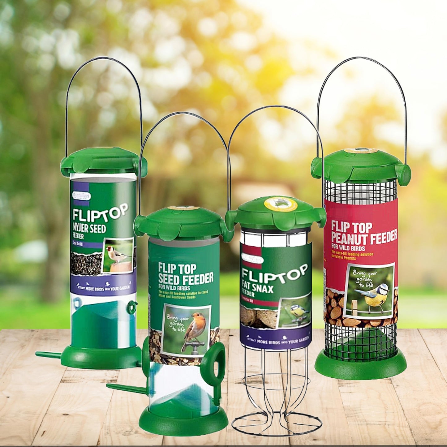 Wild Bird Feeders Flip Top Green Plastic Pack of 4 for Seed, Fat Balls, Peanuts & Nyjer