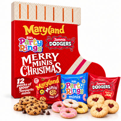 Merry Minis Christmas Stocking Biscuit Selection – 12 Mini Packs – Maryland Choc Chip Minis, Fox’s Party Rings & Jammie Dodgers
