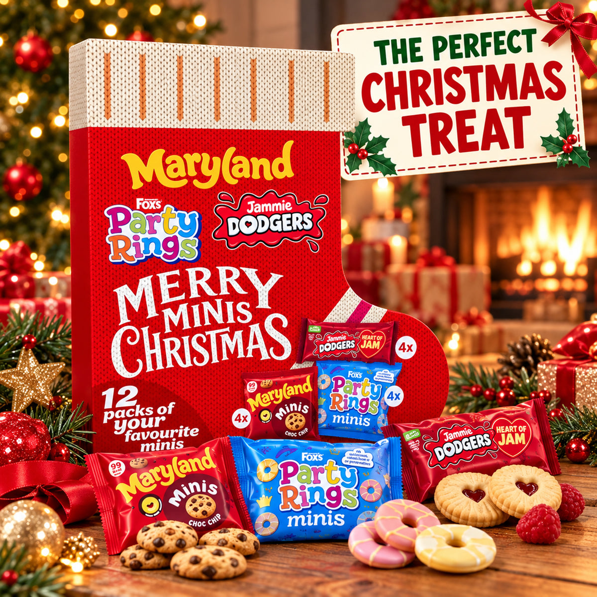 Merry Minis Christmas Stocking Biscuit Selection – 12 Mini Packs – Maryland Choc Chip Minis, Fox’s Party Rings & Jammie Dodgers