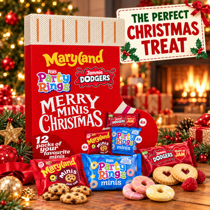 Merry Minis Christmas Stocking Biscuit Selection – 12 Mini Packs – Maryland Choc Chip Minis, Fox’s Party Rings & Jammie Dodgers
