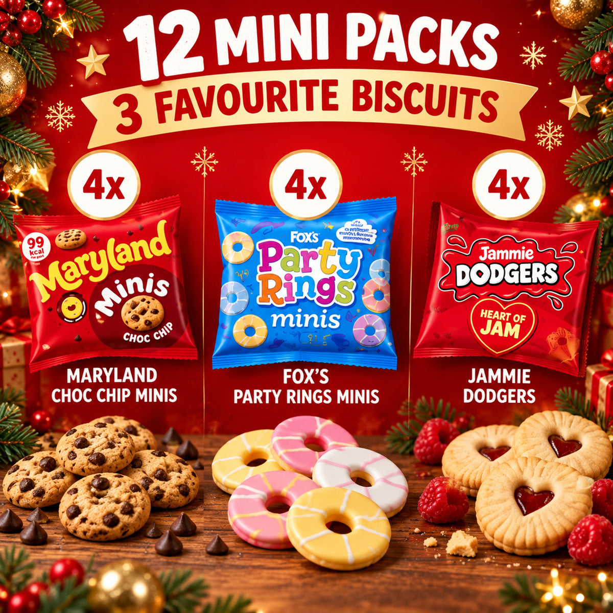 Merry Minis Christmas Stocking Biscuit Selection – 12 Mini Packs – Maryland Choc Chip Minis, Fox’s Party Rings & Jammie Dodgers