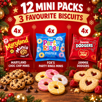 Merry Minis Christmas Stocking Biscuit Selection – 12 Mini Packs – Maryland Choc Chip Minis, Fox’s Party Rings & Jammie Dodgers