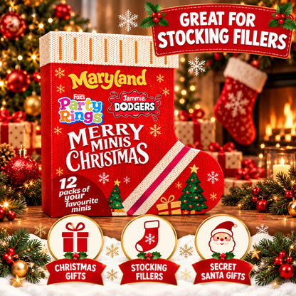 Merry Minis Christmas Stocking Biscuit Selection – 12 Mini Packs – Maryland Choc Chip Minis, Fox’s Party Rings & Jammie Dodgers