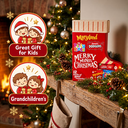 Merry Minis Christmas Stocking Biscuit Selection – 12 Mini Packs – Maryland Choc Chip Minis, Fox’s Party Rings & Jammie Dodgers