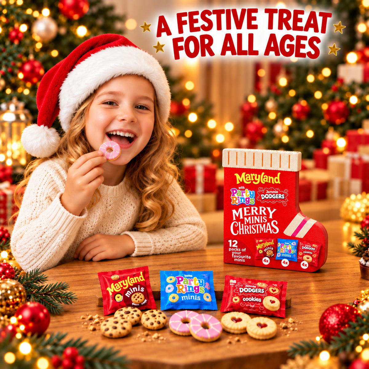 Merry Minis Christmas Stocking Biscuit Selection – 12 Mini Packs – Maryland Choc Chip Minis, Fox’s Party Rings & Jammie Dodgers