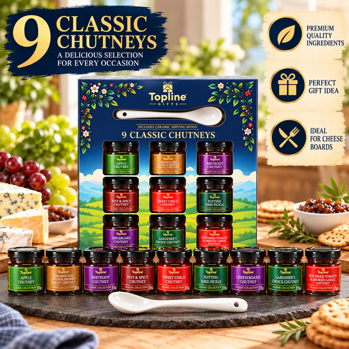 Selection of Savoury Chutneys Gift Set - 9 x 35g Classic Chutneys with Ceramic Spoon