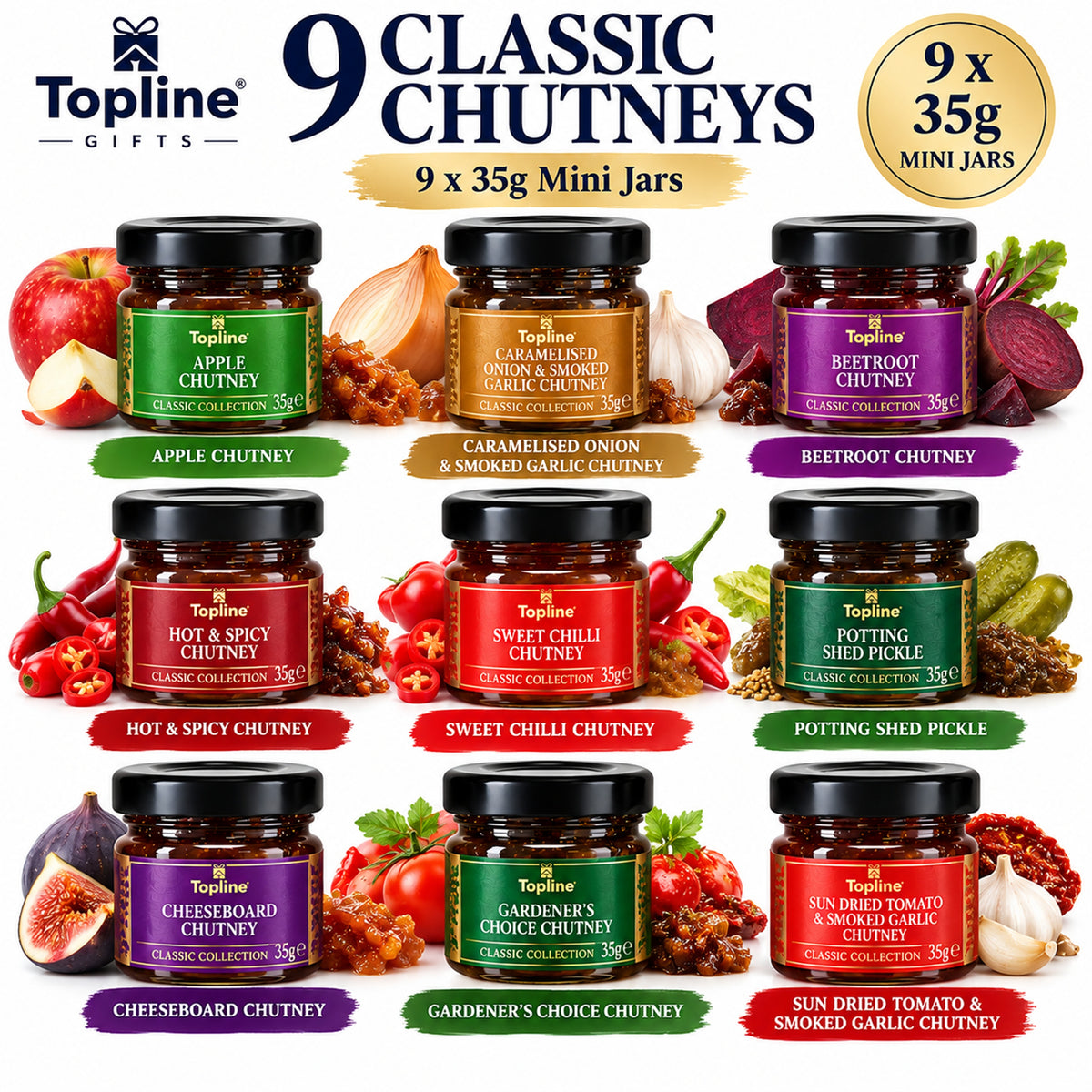 Selection of Savoury Chutneys Gift Set - 9 x 35g Classic Chutneys with Ceramic Spoon