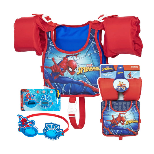 Swimming Float Swim Vest Bundle - Learn to Swim Spiderman Kids Swim Vest with Built-In Foam, Arm Bands & Goggles. Great for Water Parks, Swimming Pool or Birthday Gifts for Kids with Topline Card.
