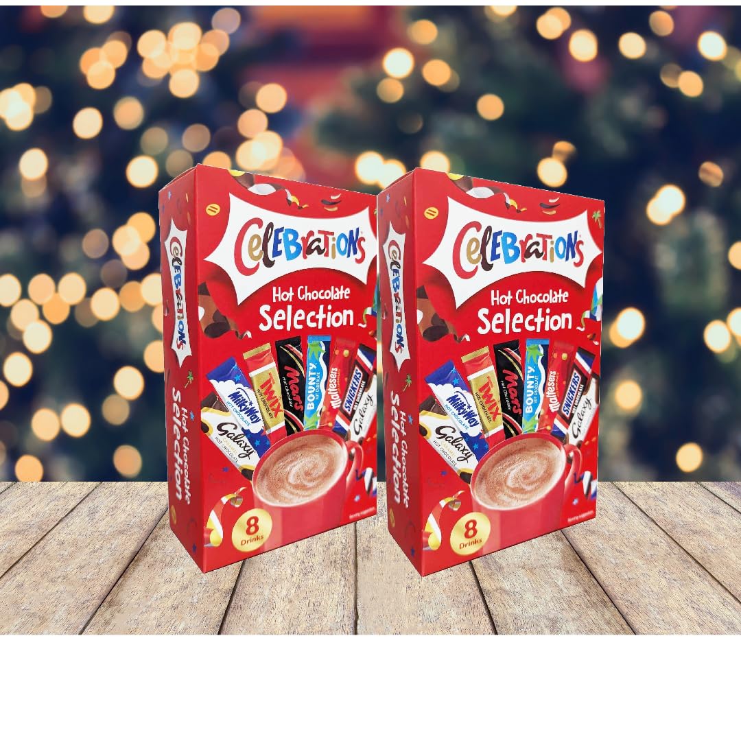TOPLINE Hot Chocolate Selection Gift Hamper - Pack of 2 x 8 Celebrations Hot Chocolate Sachets Bulk Buy with Topline Card. Gift Set for Christmas Stocking Fillers, Secret Santa Gifts or Movie Night