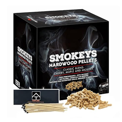 Premium Smokey's BBQ Hardwood Pellets - 9 kg Box of 100% Natural Classic Blend Cherry, Maple & Hickory Wood Pellets with Topline Card for Woodfire Grills, Smokers & BBQ Charcoal, Pizza Oven