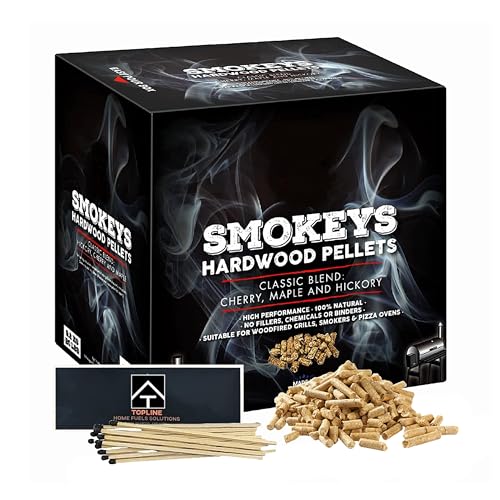 Premium Smokey's BBQ Hardwood Pellets - 9 kg Box of 100% Natural Classic Blend Cherry, Maple & Hickory Wood Pellets with Topline Card for Woodfire Grills, Smokers & BBQ Charcoal, Pizza Oven