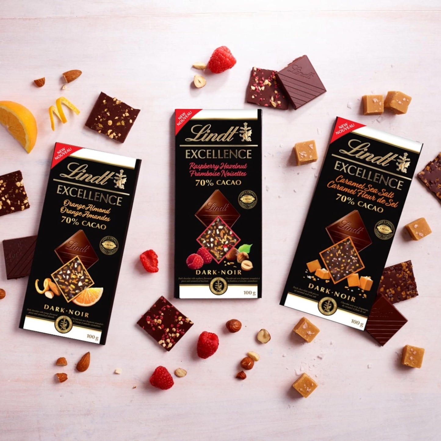Excellence Chocolate Bars Bulk Buy - 3x100g Assorted 70% Cocoa Dark Chocolate Orange & Almond, Raspberry & Hazelnut, Caramel Sea Salt Chocolate Bulk with Card. Chocolate Gift for Her, Birthday Gifts