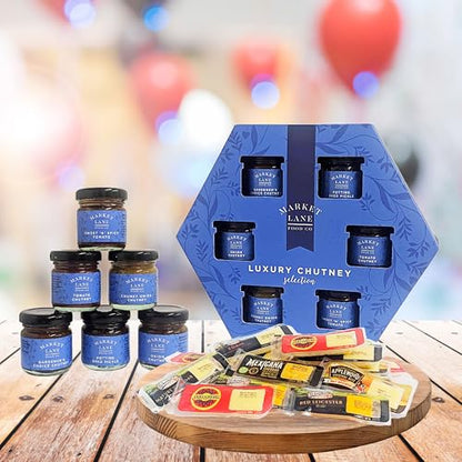 TOPLINE Luxury Cheese Selection of 6 Different Cheese Board Varieties & 6 Chutney's Gift Set for Him and Her | 24 Ilchester Cheese Individually Wrapped Portions & Hampton's Chutneys Cheese Hamper