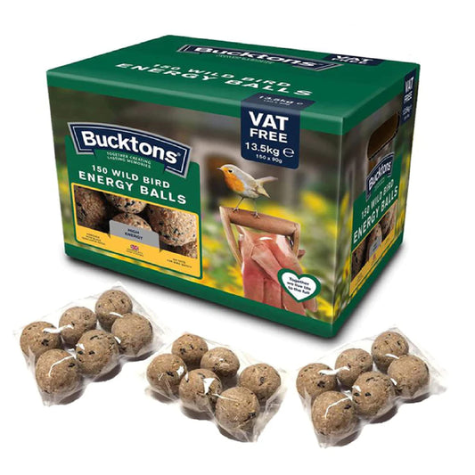 Bucktons High Energy Fat Balls - Box of 150 x 90g Boost Natural Suet Food for Wild Garden Birds. Great for Ground Feeder, Bird Tables. Comes with Topline Card.