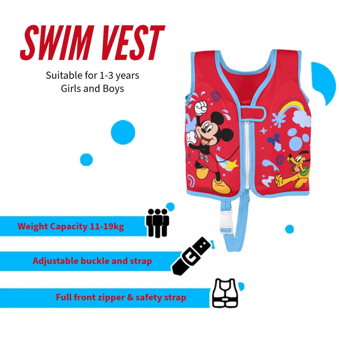 Baby Swimming Float Swim Vest - Learn to Swim Mickey & Friends Kids Swim Vest with Built-In Foam Wetsuit with Topline Card for Water Park, Beach Games. Swimming Pool Float Suitable for 1-3 Years