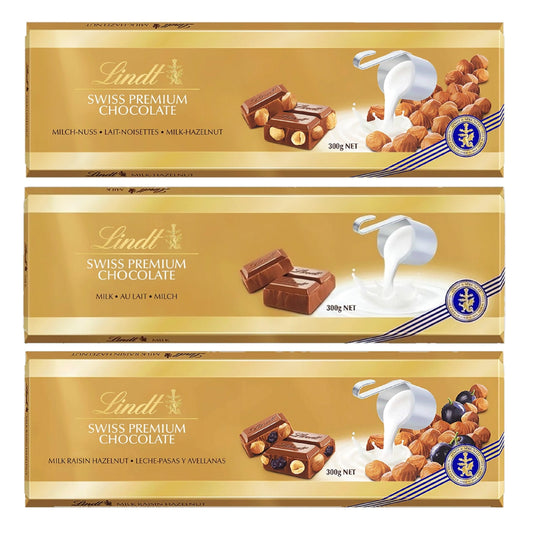 Swiss Chocolate Bars Bulk Buy - Luxury 3 x 300g Irresistible Smooth Hazelnut, Milk Bar & Hazelnut - Raisins Golden Milk Chocolate Bars for Chocolate Hamper, Birthday Gifts with Topline Card