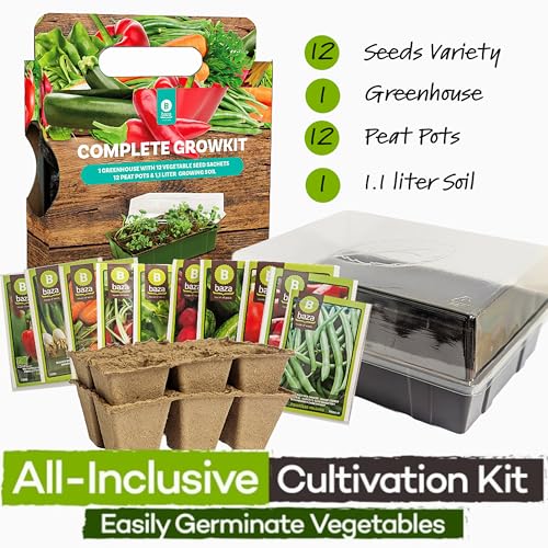 Vegetable Complete Growkit for Gardening Gifts - Grow Your Own Kits of 12 Vegetable Seeds, Greenhouse Accessories - Peat Pots & Soil for Garden Gifts
