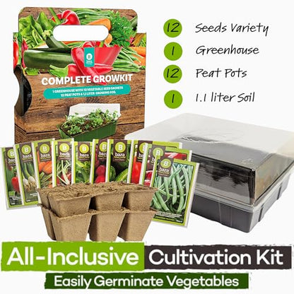 Vegetable Complete Growkit for Gardening Gifts - Grow Your Own Kits of 12 Vegetable Seeds, Greenhouse Accessories - Peat Pots & Soil for Garden Gifts