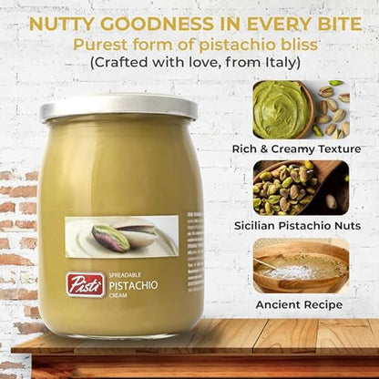 Pistachio Cream Paste Glass Jar - Italian Delight 600g Pistachio Paste Spreadable Butter with Topline Card. Pisti Pistachio Cream Cooking Cream for Pistachio Ice Cream, Sandwich Spread, Cake Baking