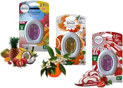 Assorted Bathroom Air Freshener Bundle - Pack of 3 Limited Edition Orange & Neroli, Strawberry Swirl & Fruity Tropics Air Fresheners for Home. Toilet Bathroom Odour Eliminator & Refresher with Card.