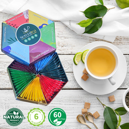 Assorted Tea Gift Set Hamper Box - 60 Individually Wrapped Bags Selection of Fruit Hibiscus English Breakfast Herbal Green Aromas. Afternoon Tea Gift for Mothers Day
