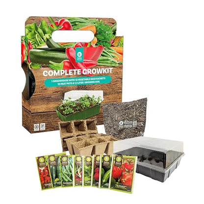 Vegetable Complete Growkit for Gardening Gifts - Grow Your Own Kits of 12 Vegetable Seeds, Greenhouse Accessories - Peat Pots & Soil for Garden Gifts