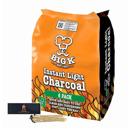Instant Light Lumpwood Charcoal Bags - 6x1kg BBQ Coals Instant Bags are easy to use, just light the individual bag. Take the stress out of your home BBQ with Instant Charcoal & Topline Matches.