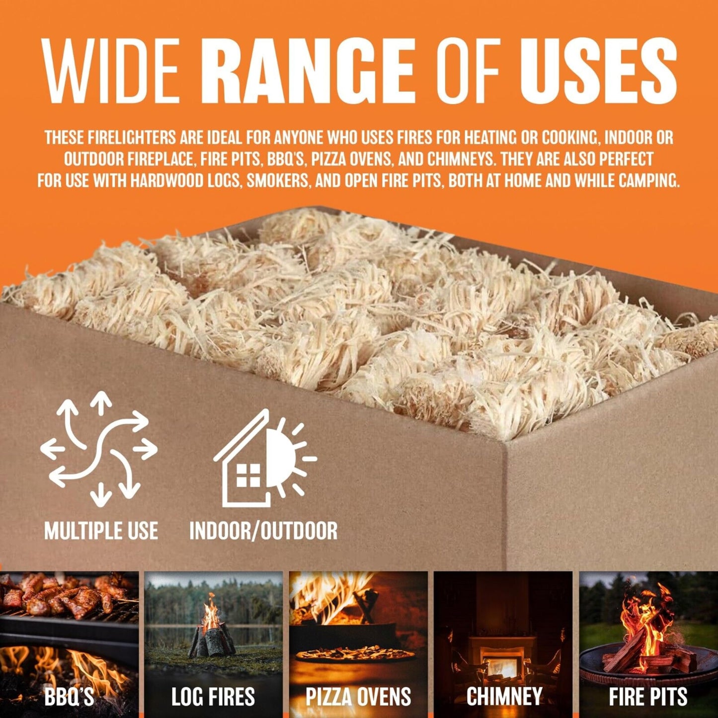 Eco Natural Wood Wool Firelighters - Box of 500 High Performance Odorless Natural Firelighters Approx 7kg Fire Lighters for Wood Burners, Pizza Oven, BBQ Kamado's, Open Fire and more