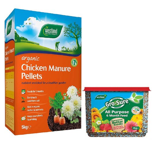 Garden Plant Feed Fertiliser Bundle Organic Chicken Manure Pellets 5kg + Gro-Sure All Purpose Slow Release Plant Food 2kg