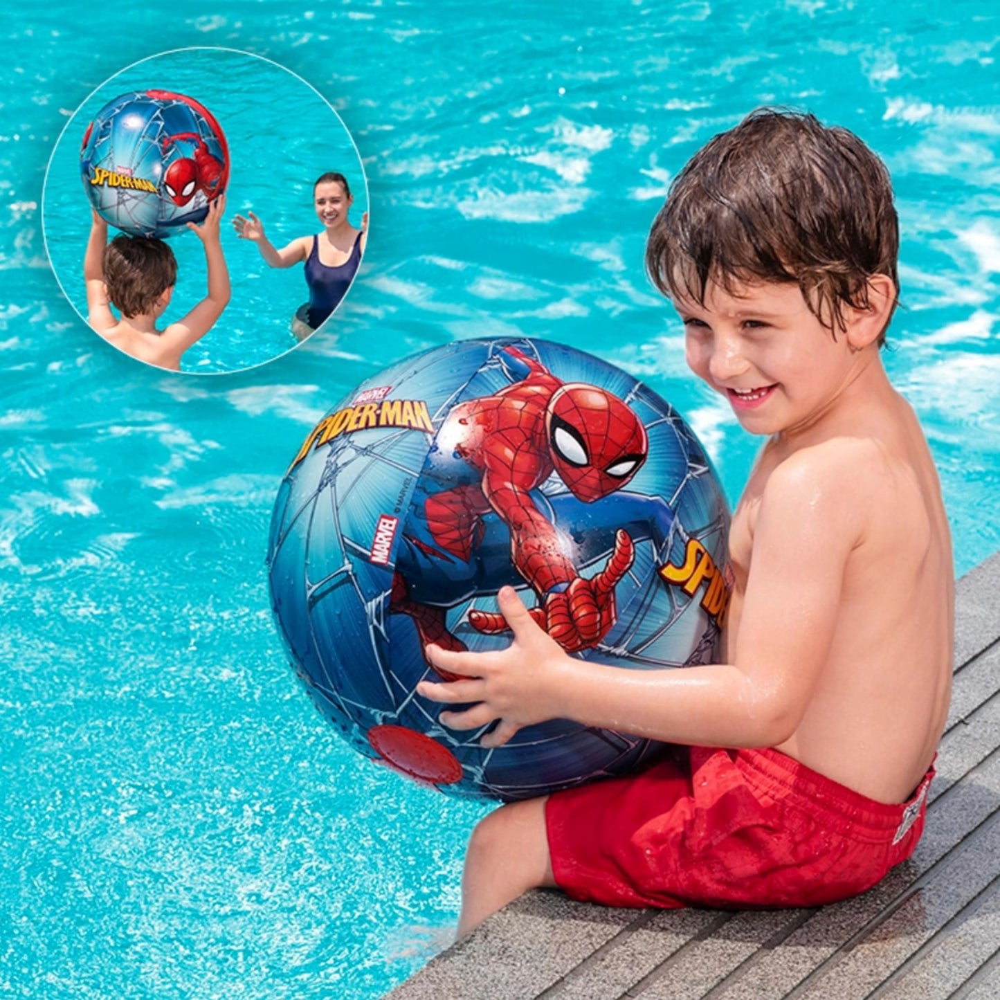 Swimming Float Pool Inflatables for Kids - Spiderman Pool Float Bundle of 20" Beach Ball, Arm Bands, Goggles & Swim Ring Tube for Swimming Pool Activities, Water Park, Beach Games with Topline Card.