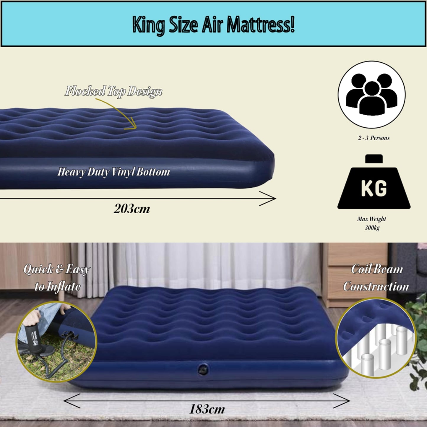 Blue Inflatable Bed King Size with Air Pump