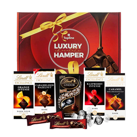 Dark Chocolate Hamper Gift Box - Irresistible Smooth 4 x 100g Caramel, Orange, Raspberry & Hazelnut Flavour Chocolate Bars, Chocolate Truffles 200g & 2x35g Hazelnut Bars. Mothers Day Gifts for Mum