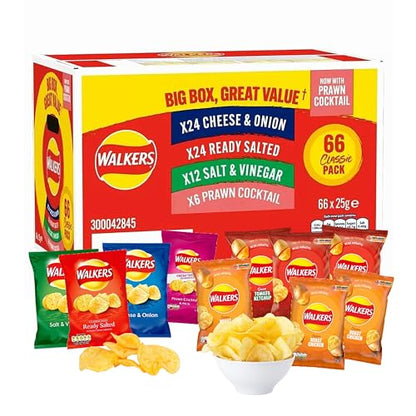 72 TOTAL BAGS Crisps Multipack - Snack Box of 66 x 25g Assorted Classic Walkers Crisps with 6 EXTRA 25g Bags, 3 x Chicken & 3 x Tomato. Giant Box of Potato Snacks for Birthday Party, Pub Snacks