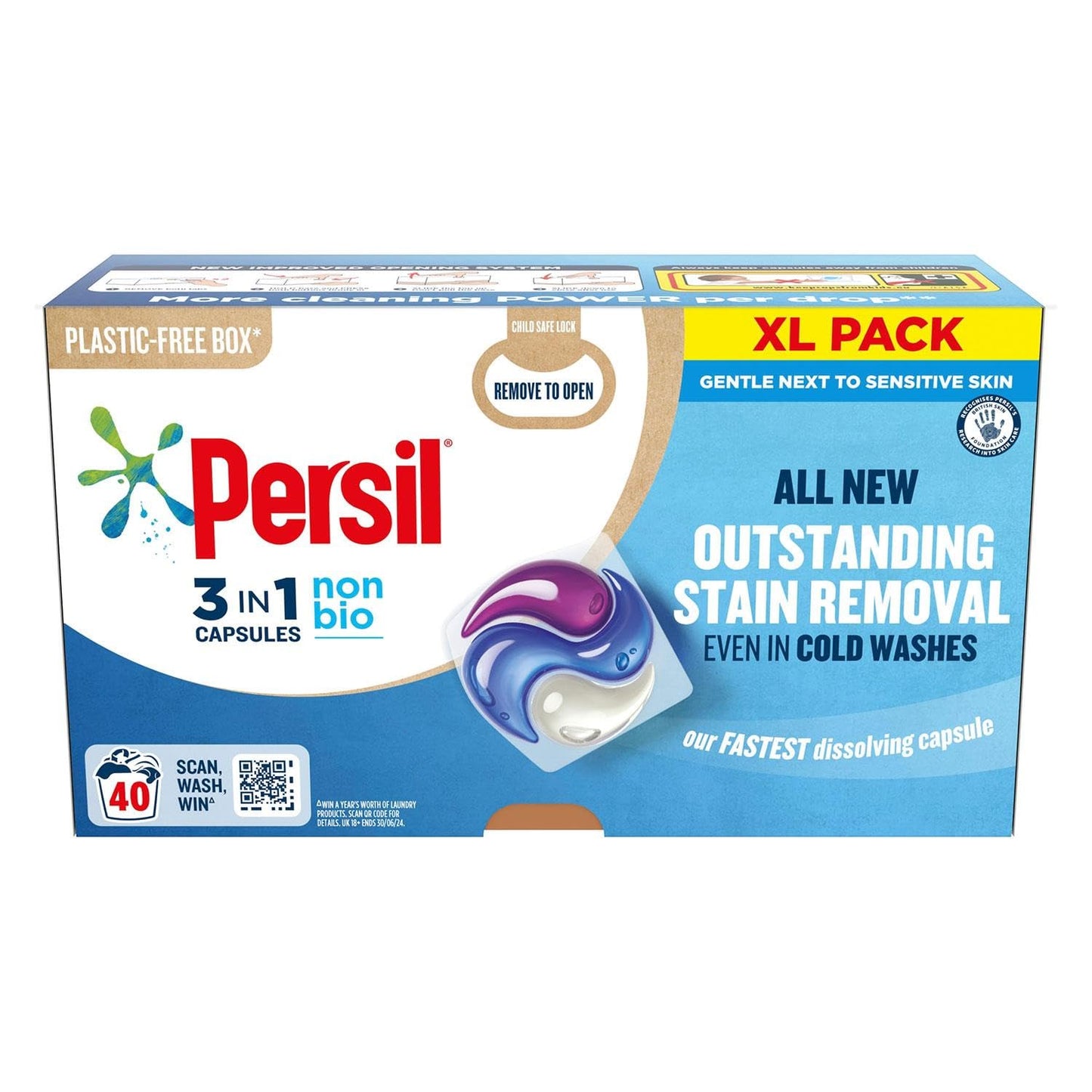 Persil XL 3-In-1 Washing Capsules All New Outstanding Stain Removal Even In Cold Washes With Triple Action Cleaning All In One Power Washing Capsules, 40 Washes (Non-Bio, Buy 2)