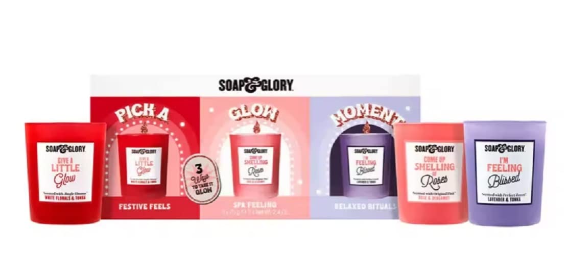 Soap & Glory Candle Gift Set - Pick a Glow Moment Candle Trio Gift Set for Christmas Presents. Wonderful Gift for Stocking Fillers or Secret Santa Gifts with Topline Thank You Card.