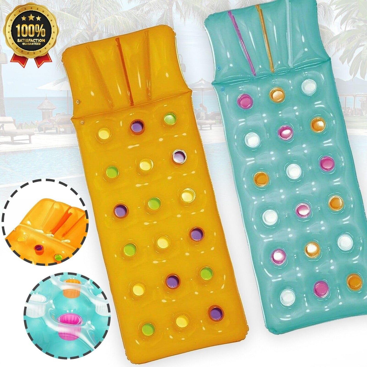 Sun Lounger Float Pool Inflatables - Blue & Yellow Pool Float Inflatable Mattress Air Bed with Built in Pillow & Heavy Duty Patch Repair Kit. Water Hammock with Topline Card for Swimming Pool