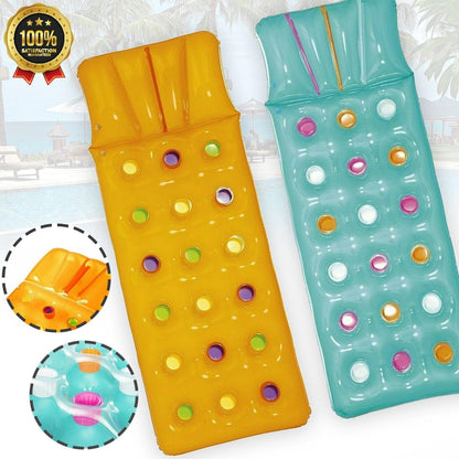 Sun Lounger Float Pool Inflatables - Blue & Yellow Pool Float Inflatable Mattress Air Bed with Built in Pillow & Heavy Duty Patch Repair Kit. Water Hammock with Topline Card for Swimming Pool