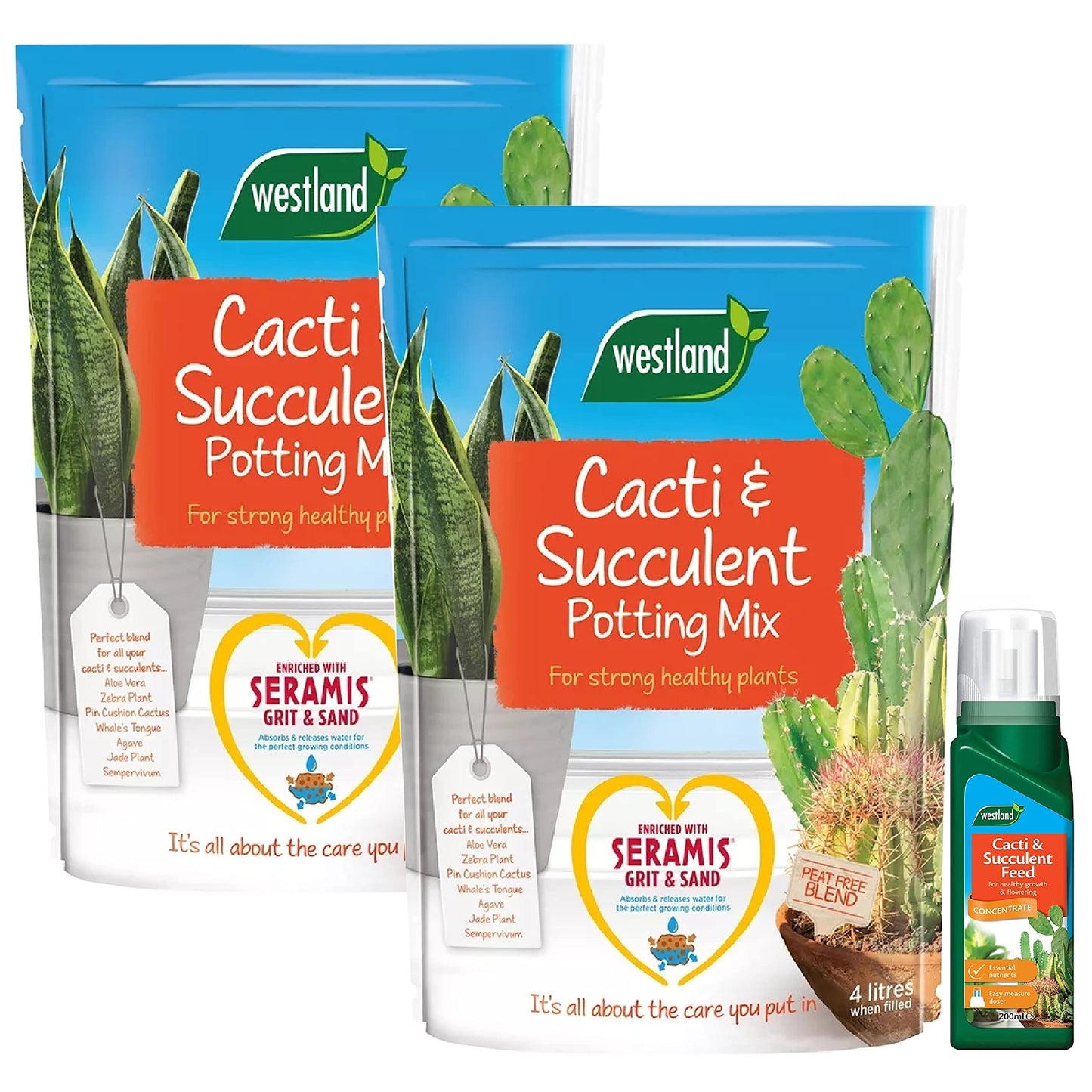 Westland Cacti & Succulent Growing Bundle - Peat Free Succulent Potting Mix Compost with Seramis 4L x 2 Bags & Cactus Feed Concentrate 200ml. House Plant Compost Food with Topline Card.