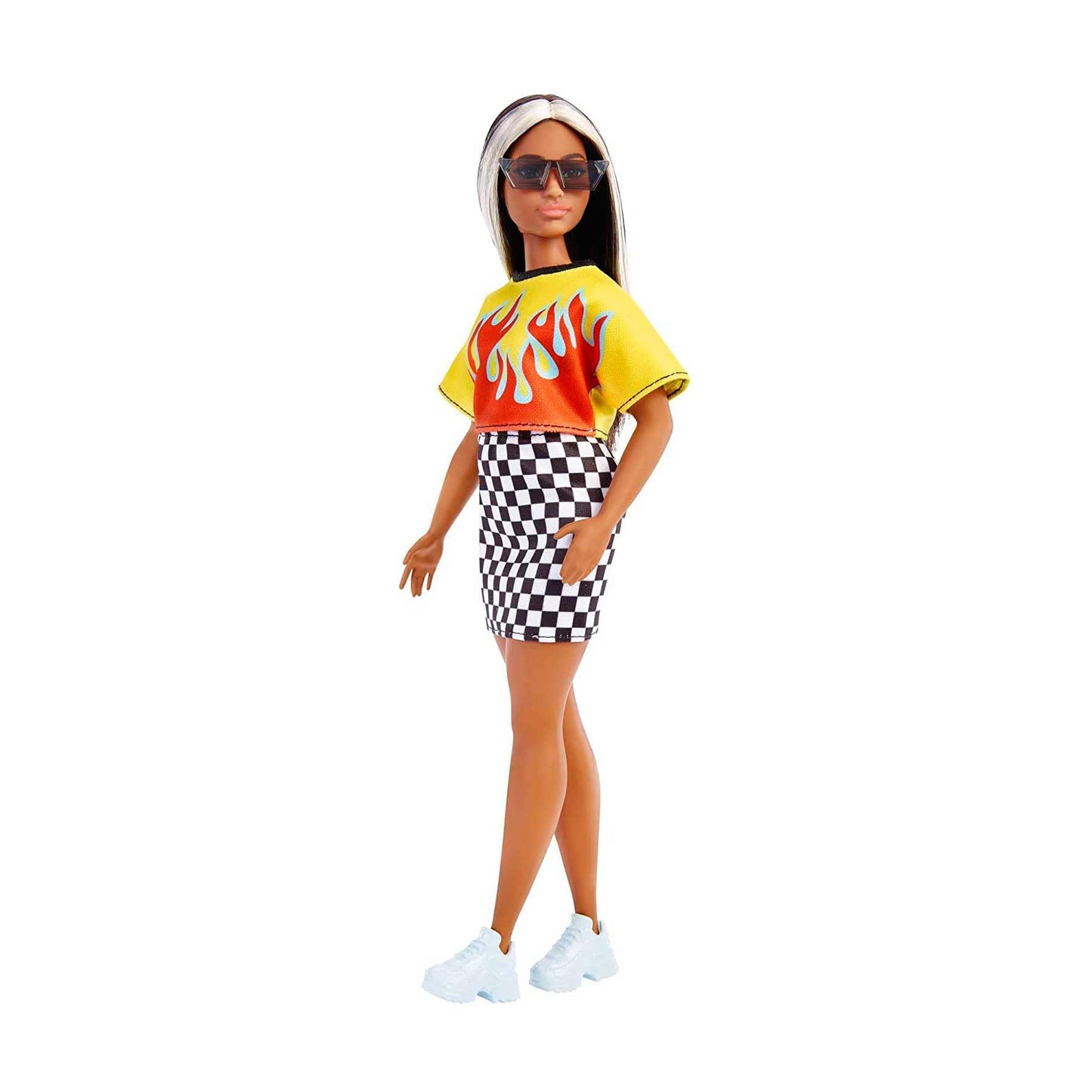 Barbie Fashionistas Doll #179, Curvy, Long Highlighted Hair & Flame Crop Top, Checkered Skirt, Sneakers & Sunglasses, Toy For Kids 3+
