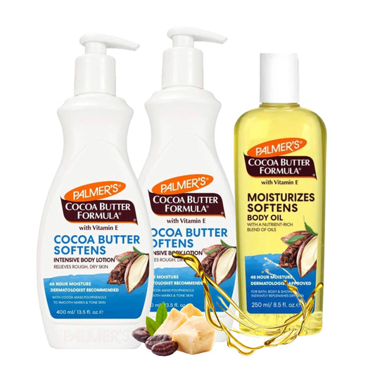 Cocoa Butter & Oil Skin Care Bundle - 2 x 400ml Intensive Cocoa Butter Moisturiser Body Lotion & 1 x 250ml Body Oil with Vitamin E. 48 Hour Body Moisturiser Massage Oil for Women with Topline Card