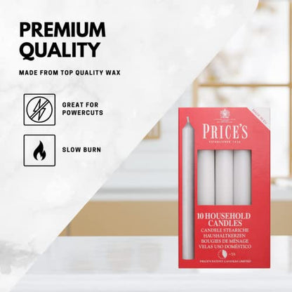 Price's - Household Candles - Pack of 10 - Unscented - 5 Hour Burn Time - Premium White Wax