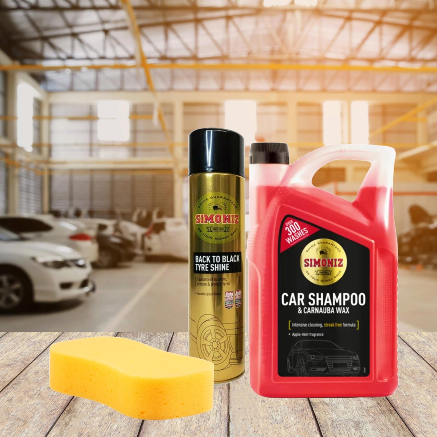 Car Shampoo & Tyre Shine Bundle - Simoniz Dual Action Car Wash Shampoo with Carnauba Wax 5L, Back to Black Tyre Shine Spray 600ml & Large Foam Sponge for Intensive Long Lasting Cleaning with Card