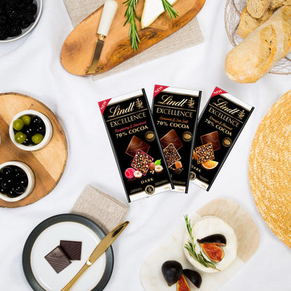 Excellence Chocolate Bars Bulk Buy - 3x100g Assorted 70% Cocoa Dark Chocolate Orange & Almond, Raspberry & Hazelnut, Caramel Sea Salt Chocolate Bulk with Card. Chocolate Gift for Her, Birthday Gifts