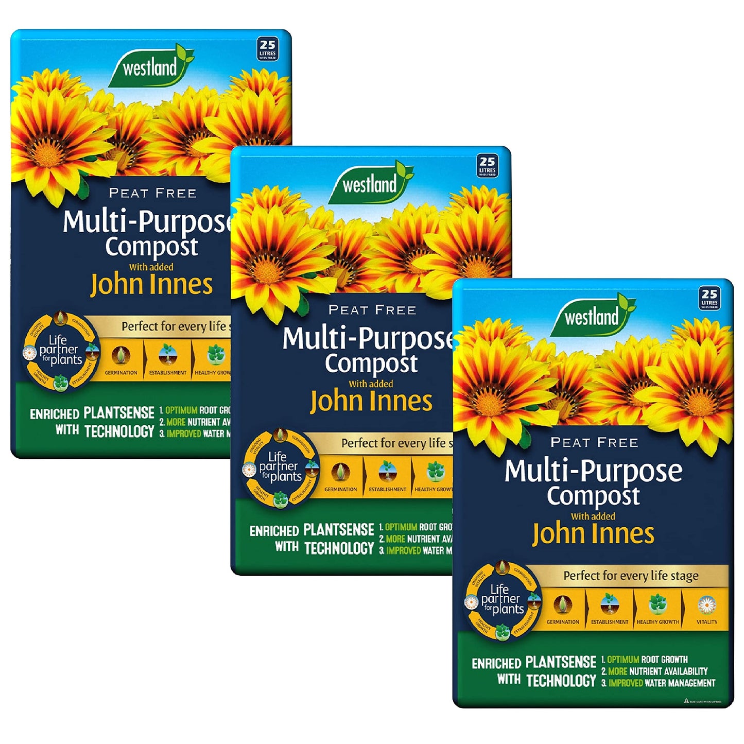 Westland Multi-Purpose Garden Compost - Peat Free Multi Purpose Compost Soil with John Innes, 3 x 25L Bags with Topline Card for Indoor & Outdoor Plants, Growing Vegetables.