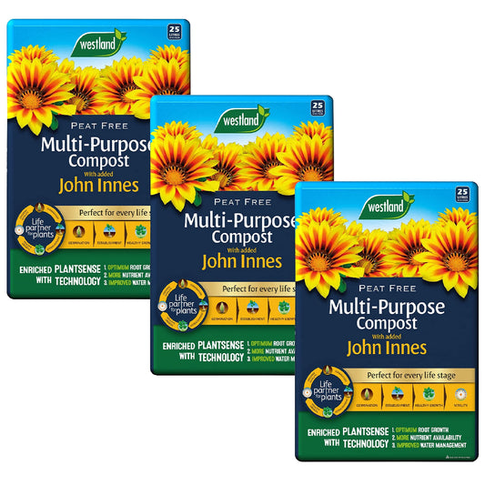 Westland Multi-Purpose Garden Compost - Peat Free Multi Purpose Compost Soil with John Innes, 3 x 25L Bags with Topline Card for Indoor & Outdoor Plants, Growing Vegetables.