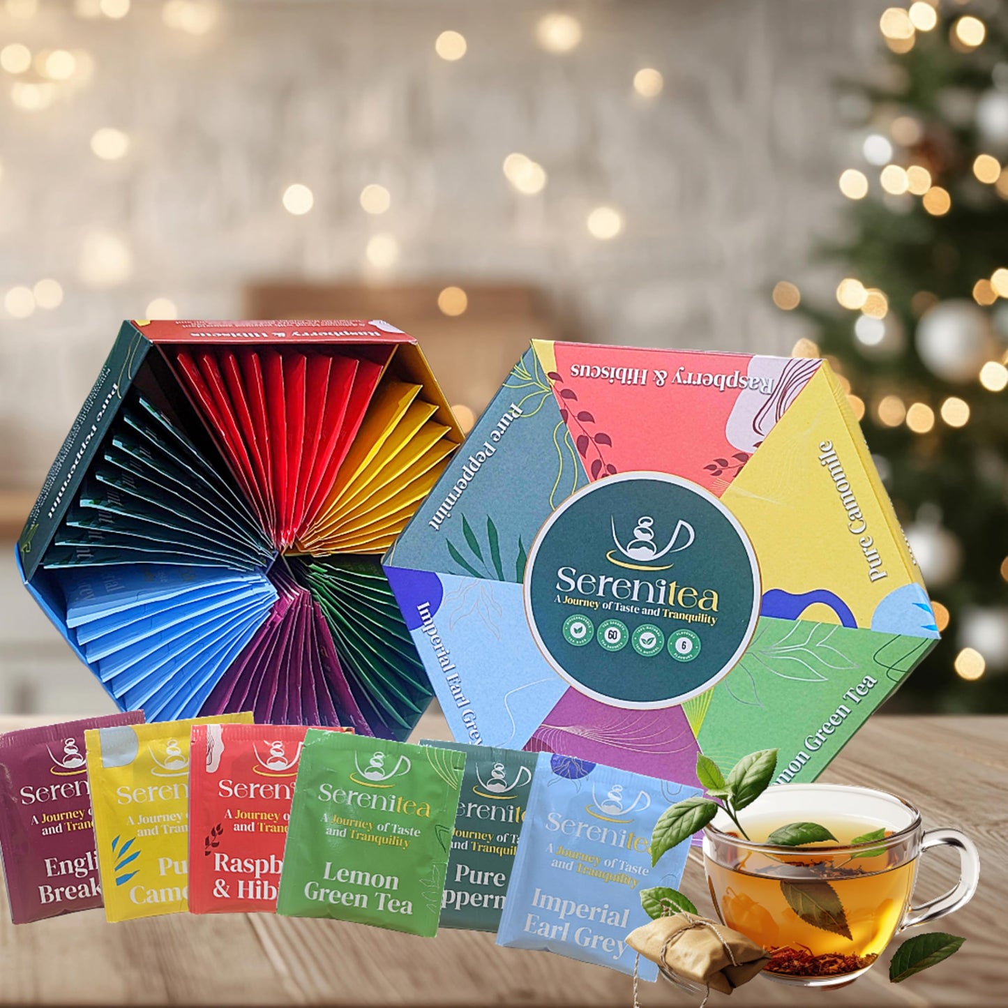 Assorted Tea Gift Set Hamper Box - 60 Individually Wrapped Bags Selection of Fruit Hibiscus English Breakfast Herbal Green Aromas. Afternoon Tea Gift for Mothers Day
