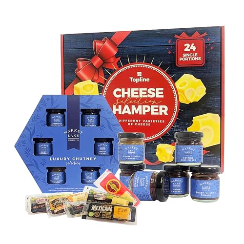 TOPLINE Luxury Cheese Selection of 6 Different Cheese Board Varieties & 6 Chutney's Gift Set for Him and Her | 24 Ilchester Cheese Individually Wrapped Portions & Hampton's Chutneys Cheese Hamper