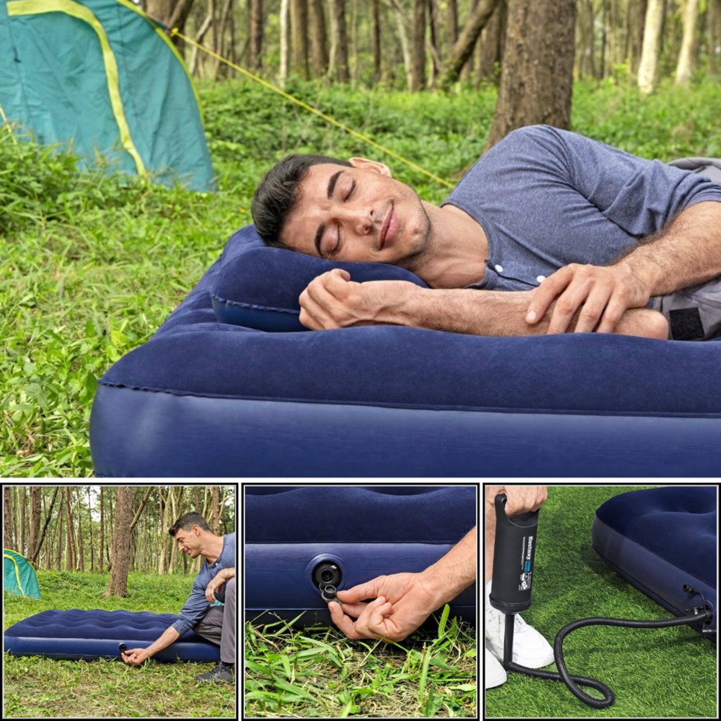 Topline Double Air Bed Inflatable Mattress Queen Blue with Pillows & Hand Pump
